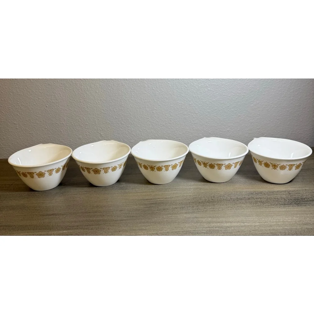 Set of 5 vintage Corelle Butterfly Gold flat cups hook handles by Corning
